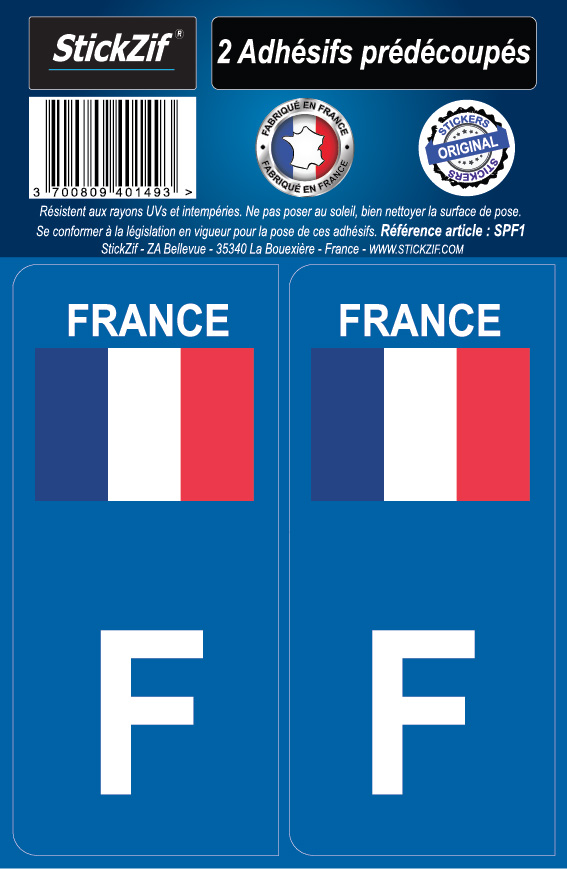 Autocollant gauche pour plaque d'immatriculation avec carte drapeau de  France et lettre F