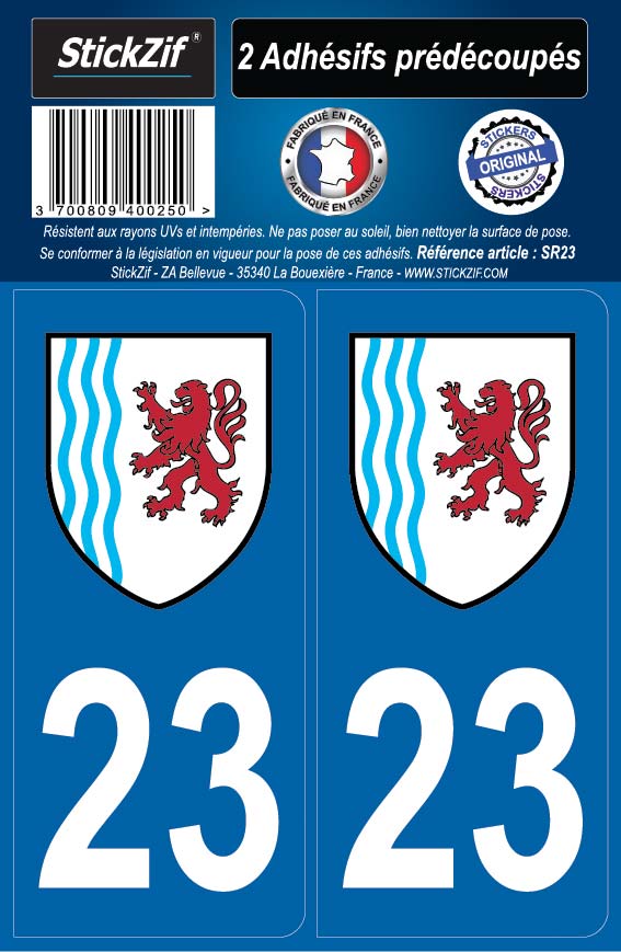 2 Stickers autocollant plaque immatriculation 23 Nouvelle Aquitaine LogoType 