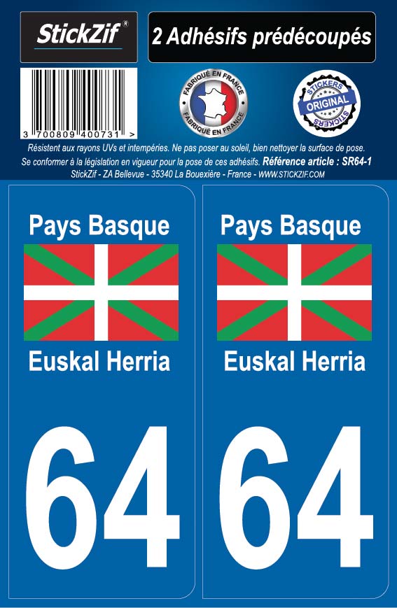 HQ Autocollant Sticker plaque immatriculation département 64 Région Pays Basque HQ 